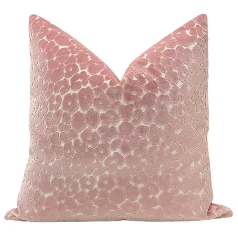 Pair of beautiful 20" leopard cut velvet pillows in Pink Peony. Meticulously handcrafted with serged interior seams,...