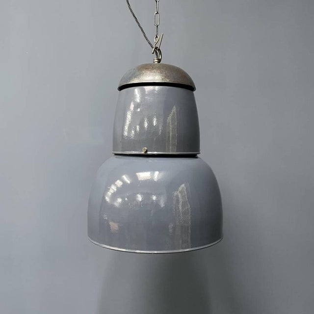 Large Industrial Blue-Gray Enamel Hanging Lamp, 1940s For Sale - Image 6 of 18