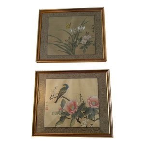 Vintage Chinese Framed Silk Prints - Set of 2