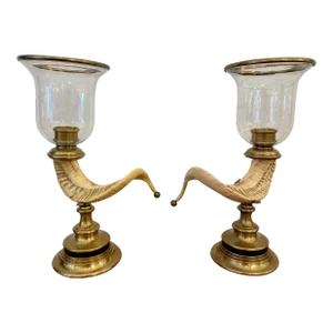 Large Vintage Chapman Hurricane Lanterns in Brass & Faux Rams Horn - A Pair