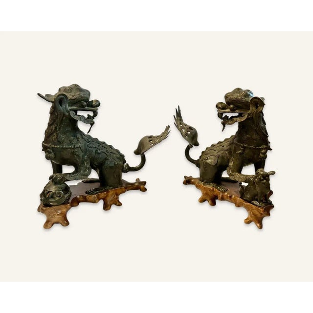 Pair of 17th Century Late Ming Bronze Foo Dogs With Stands For Sale - Image 13 of 13