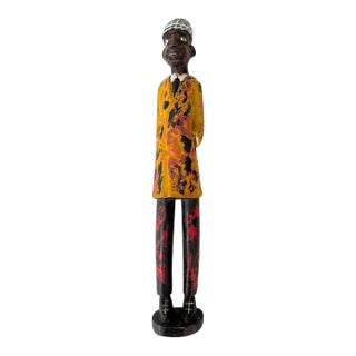 Vintage African Carved Wood Colon Statue Figure Gentleman Suit Painted 17 In For Sale