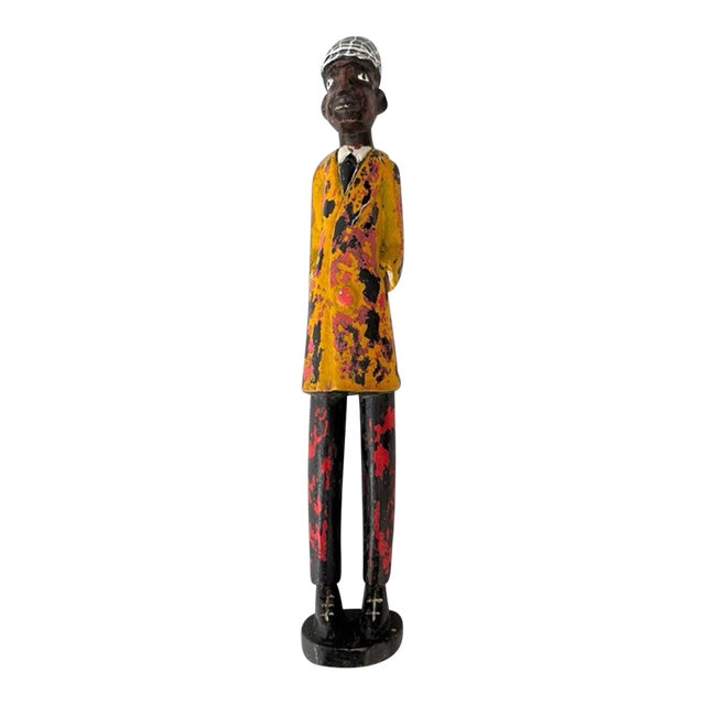 Vintage African Carved Wood Colon Statue Figure Gentleman Suit Painted 17 In For Sale