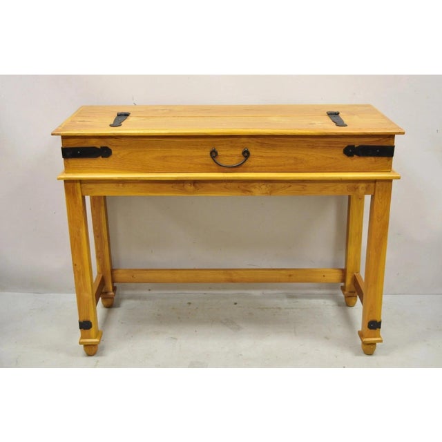 Vintage Colonial Campaign Style Teak Wood Flip Top Writing Desk With Side Chair For Sale - Image 12 of 12