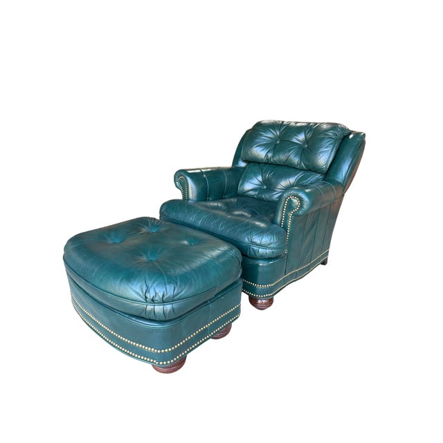 Hancock & Moore Vintage Thomas-Bain Leather Club Chair & Ottoman Set in Peacock Teal Green | Tufted Traditional Lounge Seating For Sale - Image 4 of 18