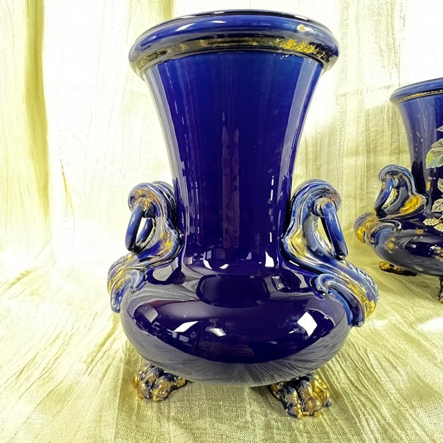 Late 19th Century Pair Victorian Cobalt Blue Jardinière Vases W/ Ring Handles & Paw Feet For Sale - Image 14 of 15