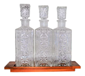 1960s Mid-Century Modern Cut Glass Decanter Set on Wooden Tray - 4 Pieces