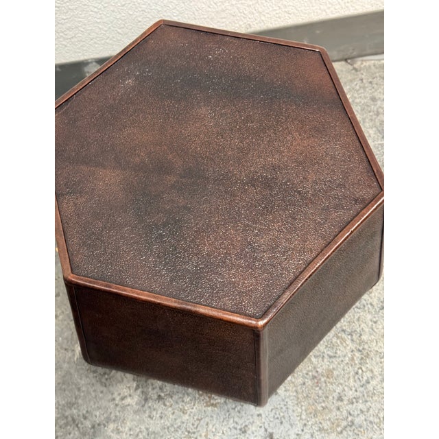 Hexagonal Embossed Leather Side Table, Vintage For Sale - Image 4 of 12