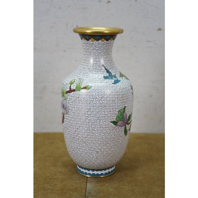 Late 20th Century Chinese Brass Cloisonne Enamel Chrysanthemum Peony Bud Vase 9" For Sale - Image 5 of 13