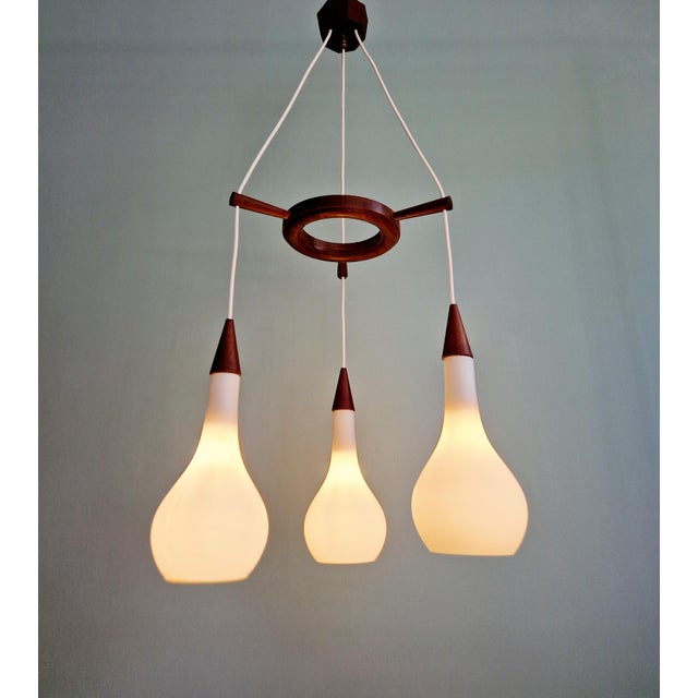 Scandinavian Chandelier in Teak and White Satin Glass, 1960s For Sale - Image 4 of 14