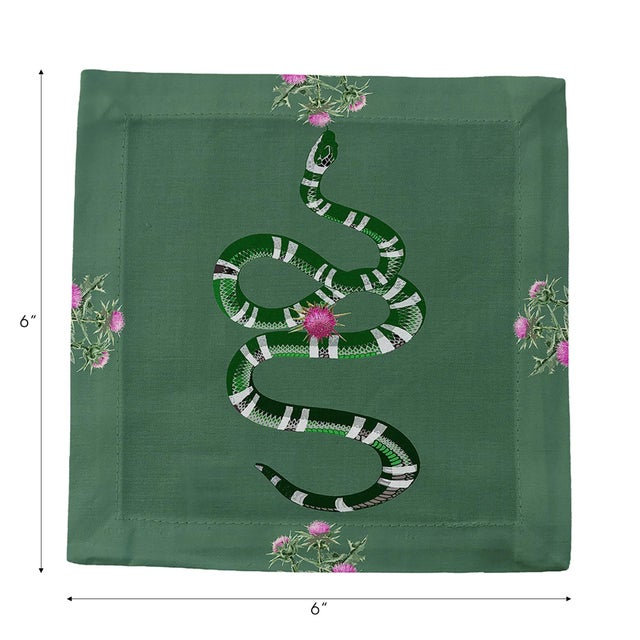 Thistle And Snake Cotton Sateen Cocktail Napkins in Evergreen, Set of 4 For Sale - Image 4 of 6