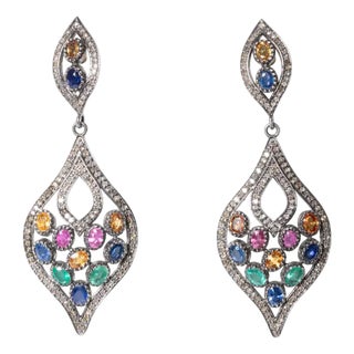 1990s Colored Sapphires and Pavé Set Diamond Dangle Earrings, Pair For Sale
