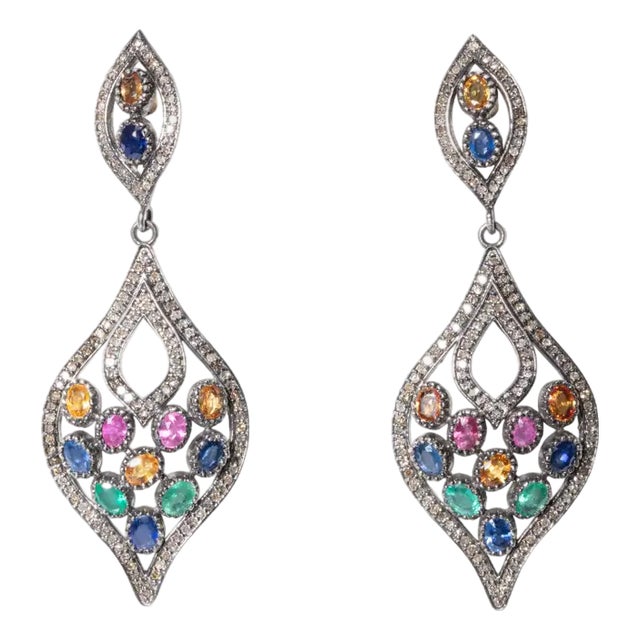 1990s Colored Sapphires and Pavé Set Diamond Dangle Earrings, Pair For Sale