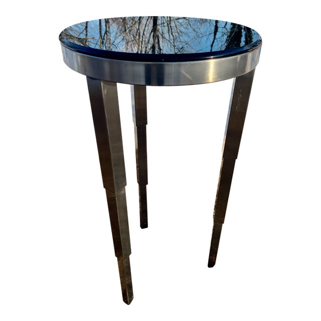 Art Deco Enzo Style Table Steel With Black Glass Top Stepped Legs For Sale