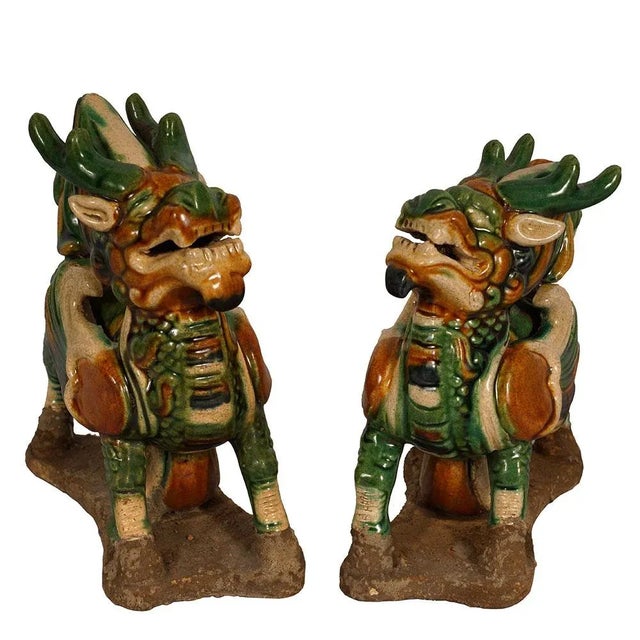 This pair of magnificent Vintage Chinese Ceramic KiLim Statuary were hand made with colorful glaze on the ceramic. It has...