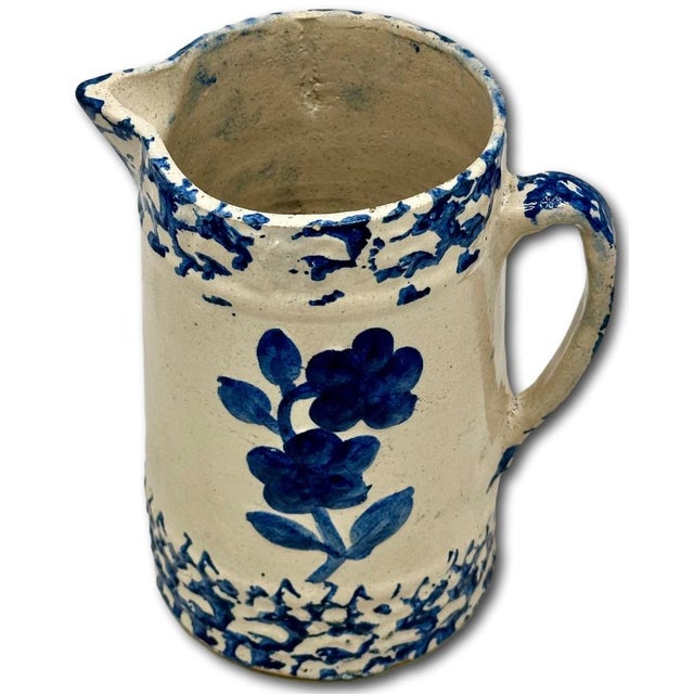Unusual Antique American Blue Spongeware & Flower Decorated Stoneware Milk Pitcher Circa Late 19th Century For Sale - Image 10 of 18