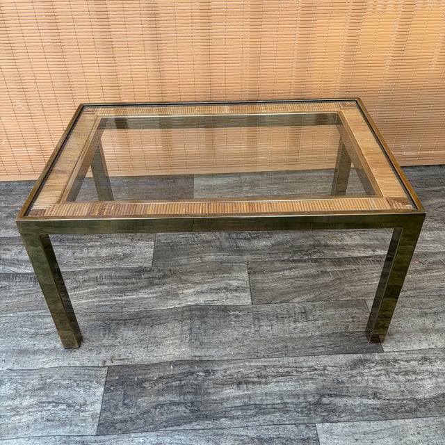 A Pair of Hollywood Regency Gold Brass and Wicker Side Tables in the Milo Baughman Style. C. 1970s For Sale - Image 18 of 18