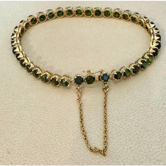 4 Ct Round Shape Green Tourmaline Cocktail Tennis Bracelet 14 Kt Yellow Gold 7" For Sale - Image 10 of 18