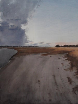 Stroll at Sunset by Mo Myra | Watercolor on paper landscape with a path by the water at sunset