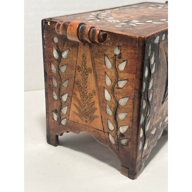 Mid 19th Century Antique 19th C. Moroccan Wooden Hand Crafted Mother of Pearl and Copper Dowry Box For Sale - Image 5 of 13