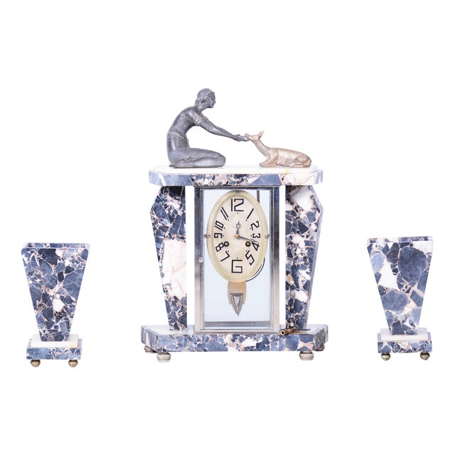 Art Deco Fireplace Clock in Marble, Bronze, and Glass, France, 1920s, Set of 3 For Sale