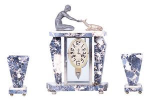 Art Deco Fireplace Clock in Marble, Bronze, and Glass, France, 1920s, Set of 3