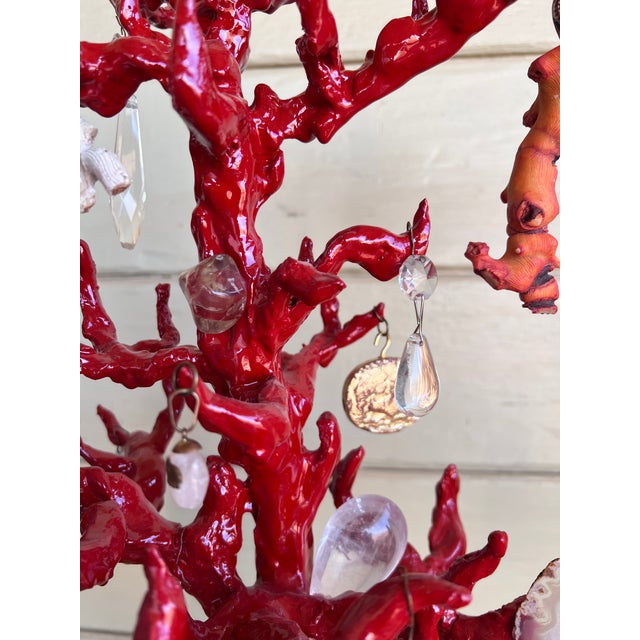 Wunderkammer-Style High-Quality Faux Red Coral Decorative Sculpture With Antique Pendants Handpainted Vase & Marble Base For Sale - Image 16 of 17