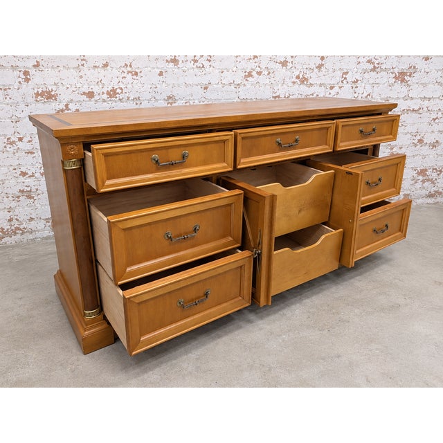 1980s Vintage Art Deco Stanley Furniture Solid Wood Triple Dresser/Credenza With Maple Accents For Sale - Image 5 of 8