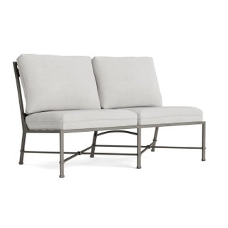 Brown Jordan Venetian Armless Loveseat, Mica frame with Fusion Dove fabric For Sale