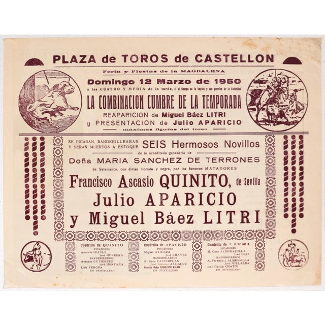 1940's Spanish Bullfighting Poster, Plaza De Toro, Valencia (Set of 4) For Sale - Image 9 of 11