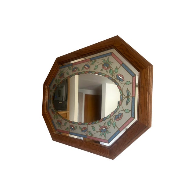 Vintage Octagon Wall Mirror: 1980s Postmodern Leaf Design, Windsor Oak Frame For Sale - Image 4 of 12