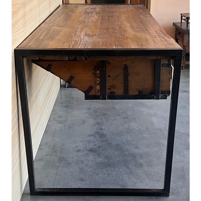 Mid 20th Century Oak Kitchen Island, Butcher Block, Industrial Work Table Cast Iron For Sale - Image 4 of 18