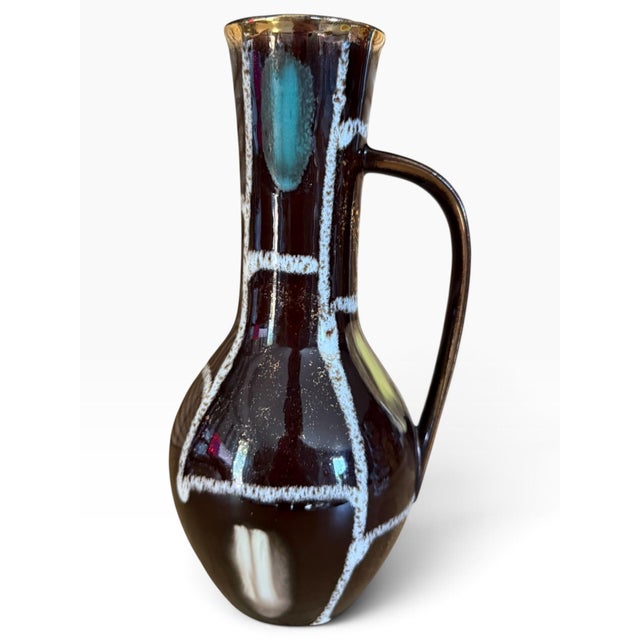 Mid-Century Modern Vintage Mid-Century Modern Fohr Keramik West Germany Geometric Art Pottery Brown, Turquoise & Gold Pitcher Vase For Sale - Image 3 of 5