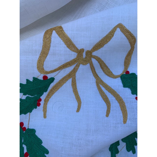 Vintage Hand-Embroidered Christmas Banquet Tablecloth and 12 Napkins, Made of Linen Fabric For Sale In Miami - Image 6 of 12