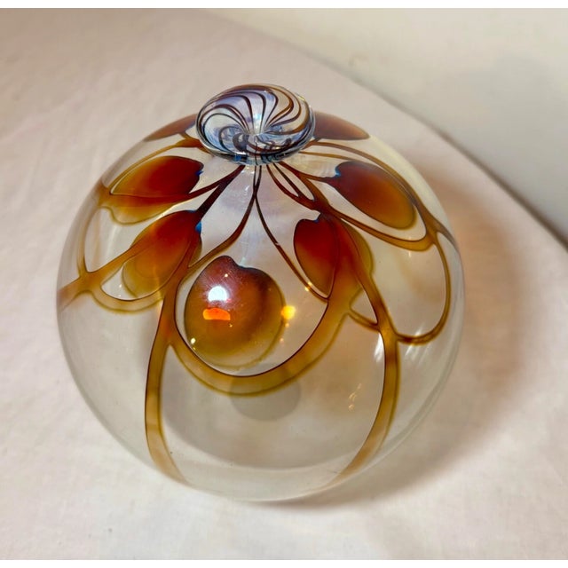 Art Nouveau Vintage Hand Blown Signed Detailed Mary Angus Art Glass Iridescent Leaf Vase For Sale - Image 3 of 15