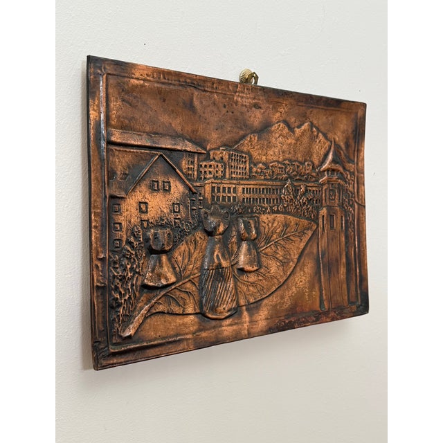 Rustic European Vintage Rustic European Village Scene Copper Relief Repousse Wall Plaque For Sale - Image 3 of 15