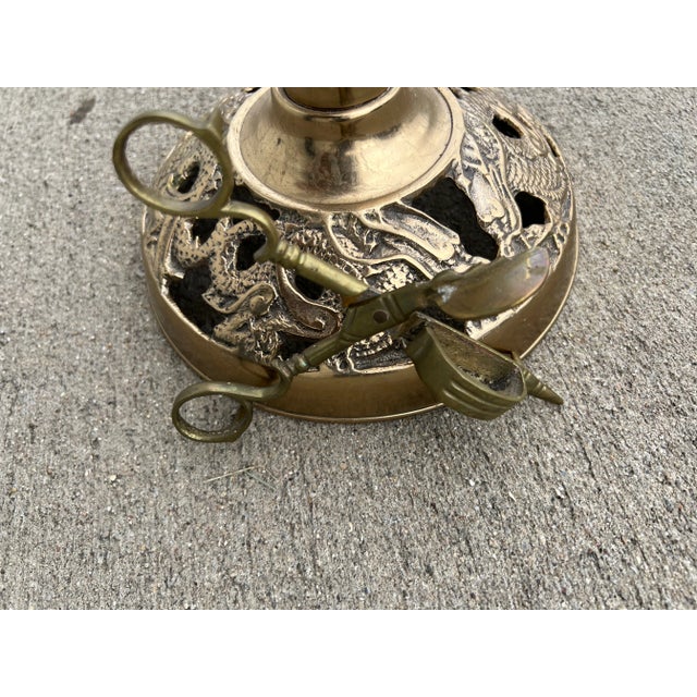 Mid-Century Asian Polished Brass Butterfly and Lotus Flower Turned Candle Holder Floor Stand With Hanging Brass Candle Snuffer Scissors For Sale - Image 9 of 12
