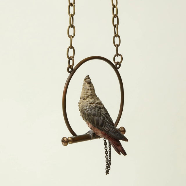 Metal Conservatory Polychrome Cold-Painted Metal Cockatoo on Hanging Perch For Sale - Image 7 of 12