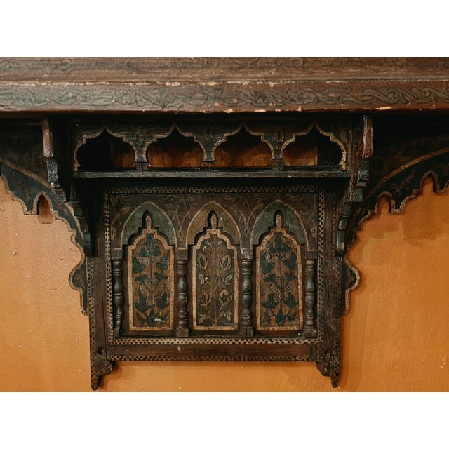 Vintage Moroccan Hand-Carved and Hand-Painted Wooden Wall Shelf For Sale In Orlando - Image 6 of 12