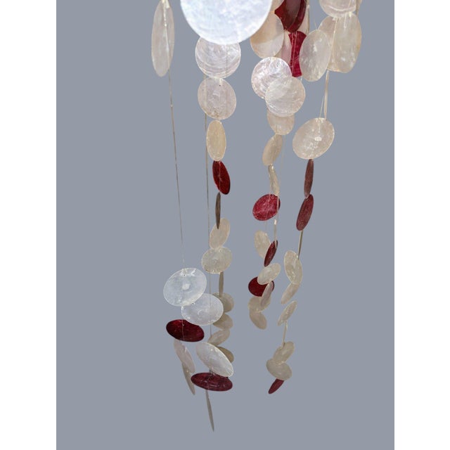 Wood Vintage Mid-Century Modern Red & White Capiz Shell Hanging Chandelier Sculpture For Sale - Image 7 of 11
