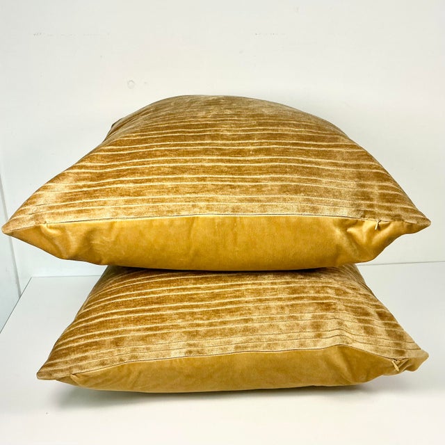Vintage Boho Chic Contemporary Carmel Velour Striped Decorative Pillows - Set of 2. For Sale - Image 6 of 11