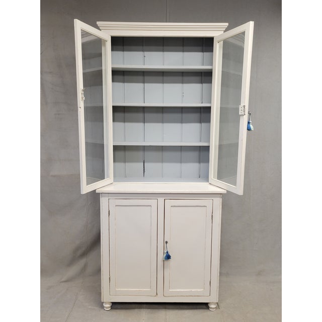 Farmhouse Antique English Country Painted Two Piece China Curio Cabinet For Sale - Image 3 of 17