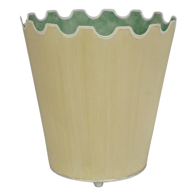 Vintage Italian Hollywood Regency Tole Metal Cream & Green Painted Wastebasket For Sale