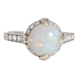 Vintage Art Deco Opal Diamond Ring Platinum Engagement Bridal Jewelry, Size 6 For Sale