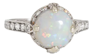 Vintage Art Deco Opal Diamond Ring Platinum Engagement Bridal Jewelry, Size 6