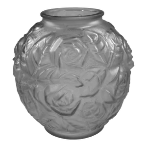 French Art Deco Frosted Glass Vase Decorated With Roses, France Circa 1930