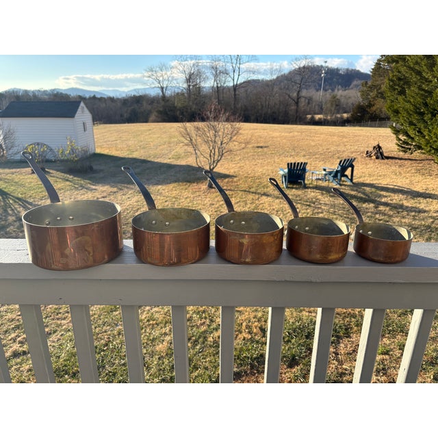 Lovely original - never polished - set of five Early 20th Spanish Copper Pots Sturdy, Heavy, Clean - designed for kitchen...