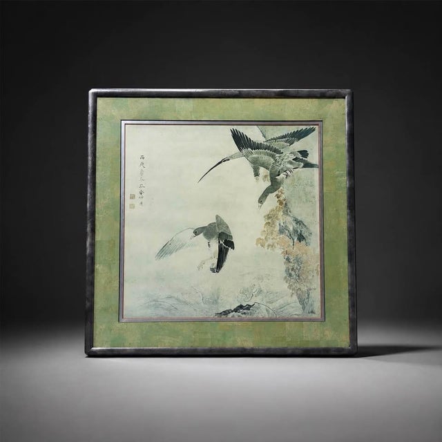 Asian Late 20th Century East Asian Ink Wash Style Bird Painting in Green Silk Mat For Sale - Image 3 of 6