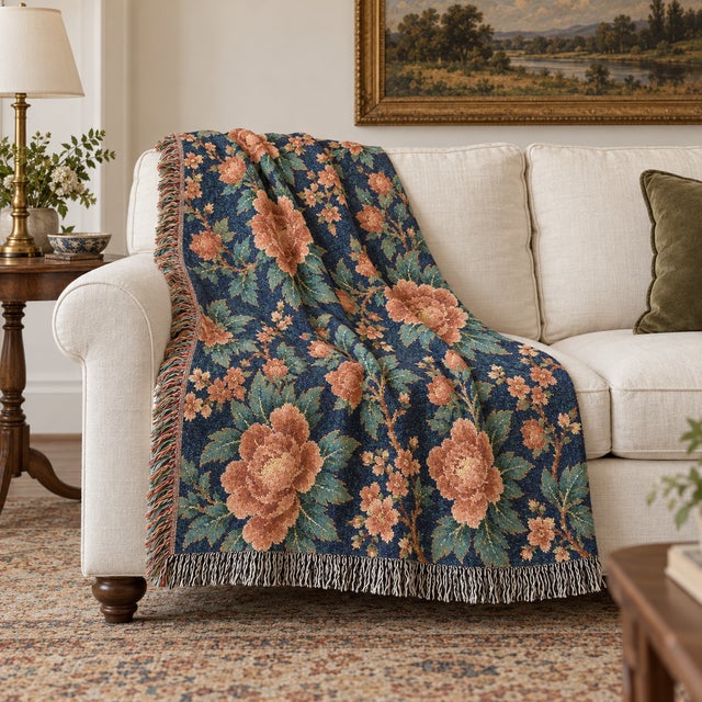 Chinoiserie Navy and Terracotta Floral Woven Throw Blanket – 60 × 50 For Sale - Image 3 of 6