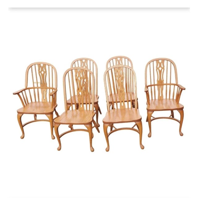American Set of 6 Arts and Crafts Americana Solid Oak Windsor Chairs For Sale - Image 3 of 11